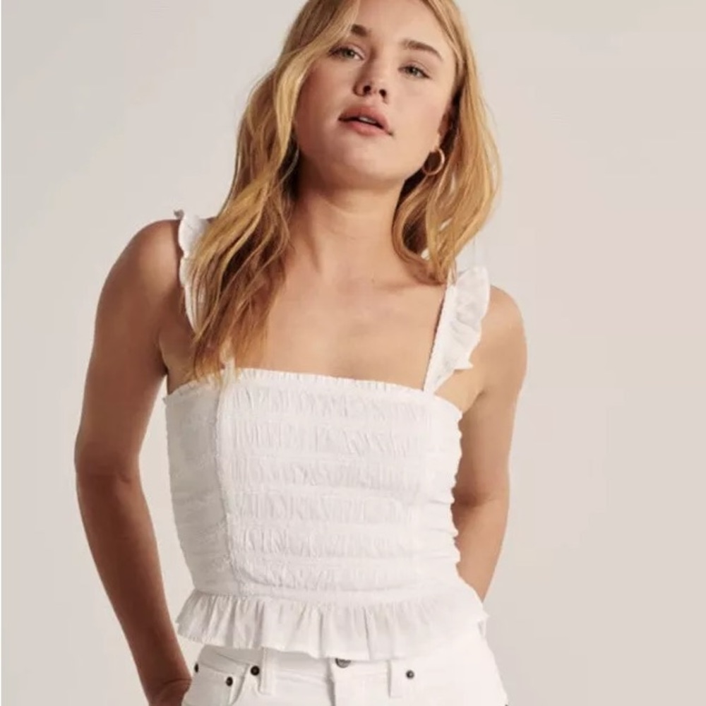 Abercrombie and Fitch Smocked Back White Ruffle Spaghetti Strap Cami